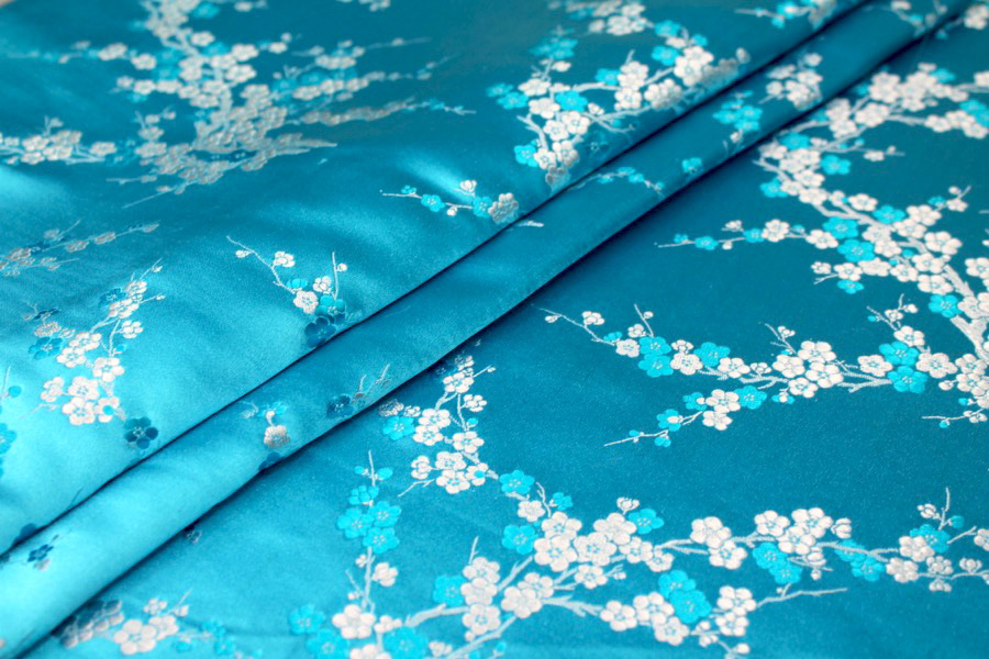 Chinese Brocade - Turquoise and White Cherry Blossom fabric, image 5 of 6