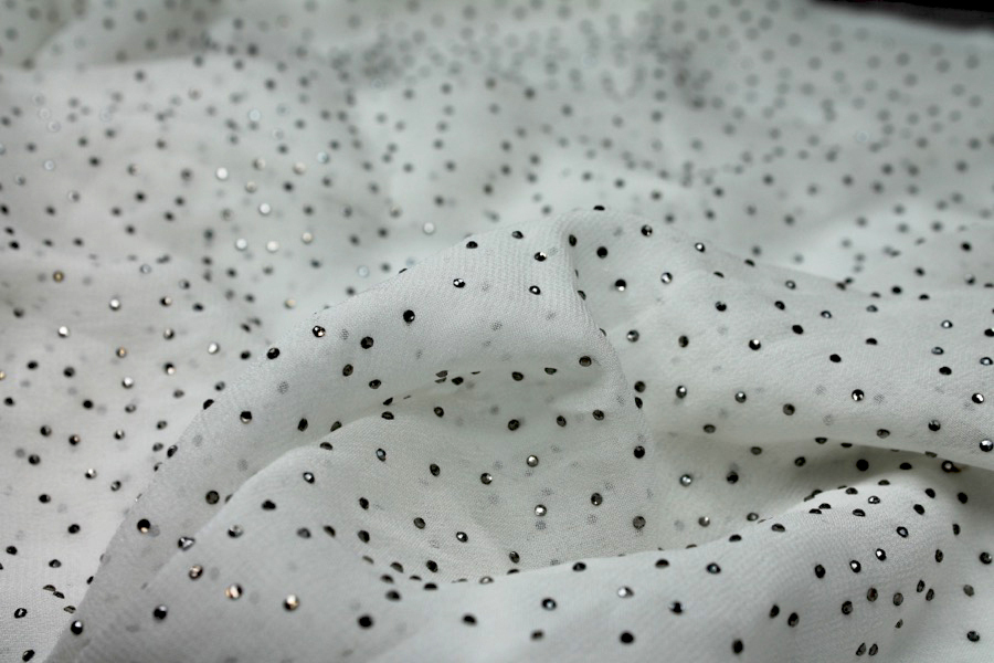 Silver Diamante on Ivory Polyester Chiffon fabric