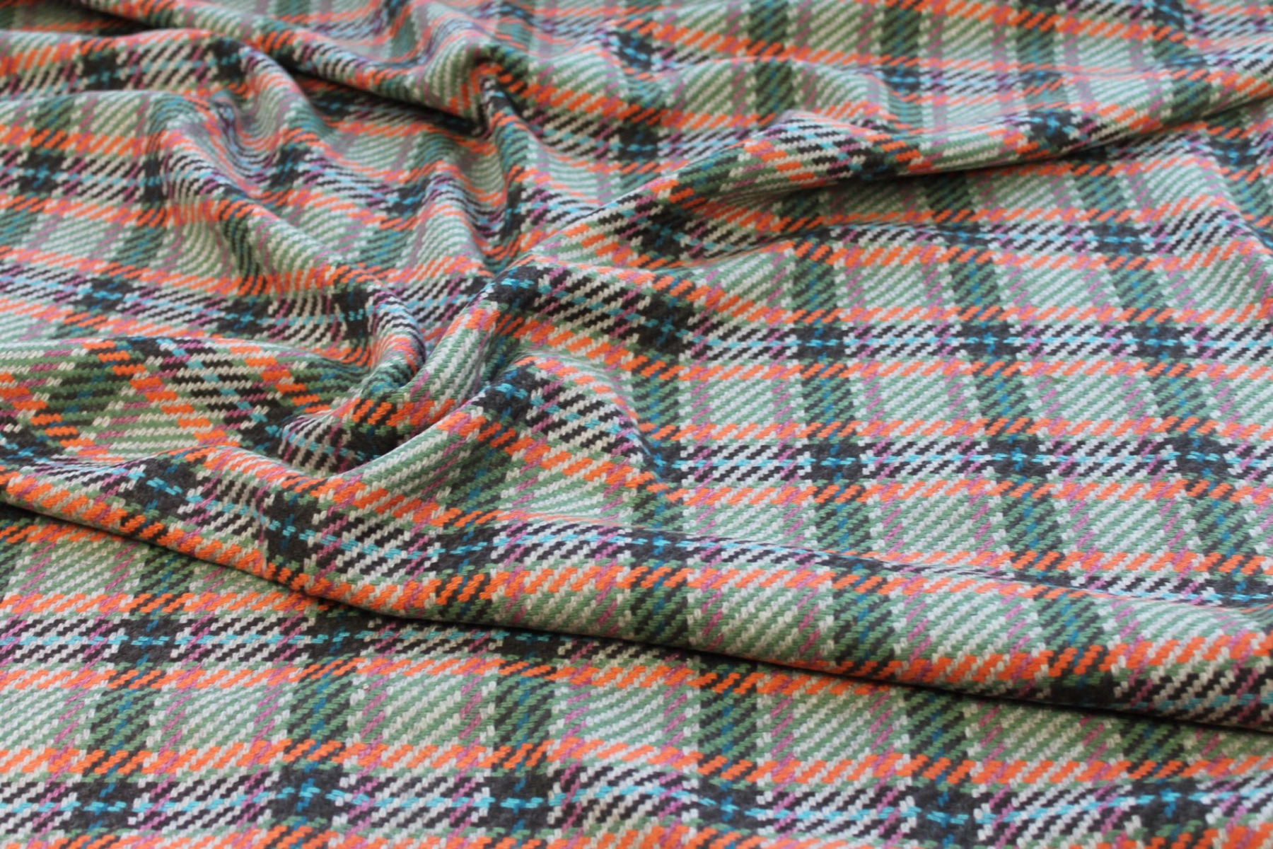 Recycled Wool Tartan - Beige, Teal, Orange, Brown and Green fabric, image 2 of 4