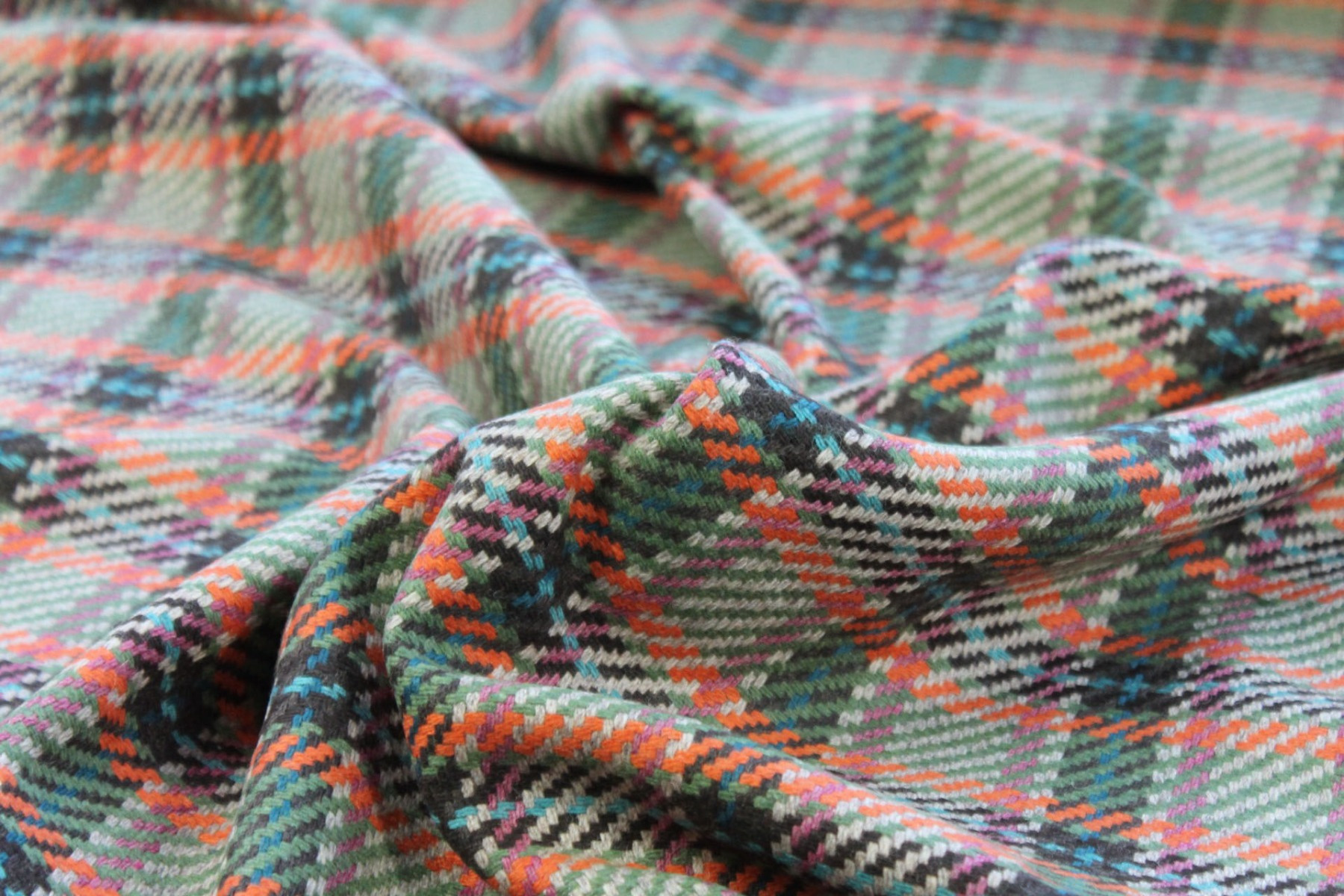 Recycled Wool Tartan - Beige, Teal, Orange, Brown and Green fabric, image 3 of 4