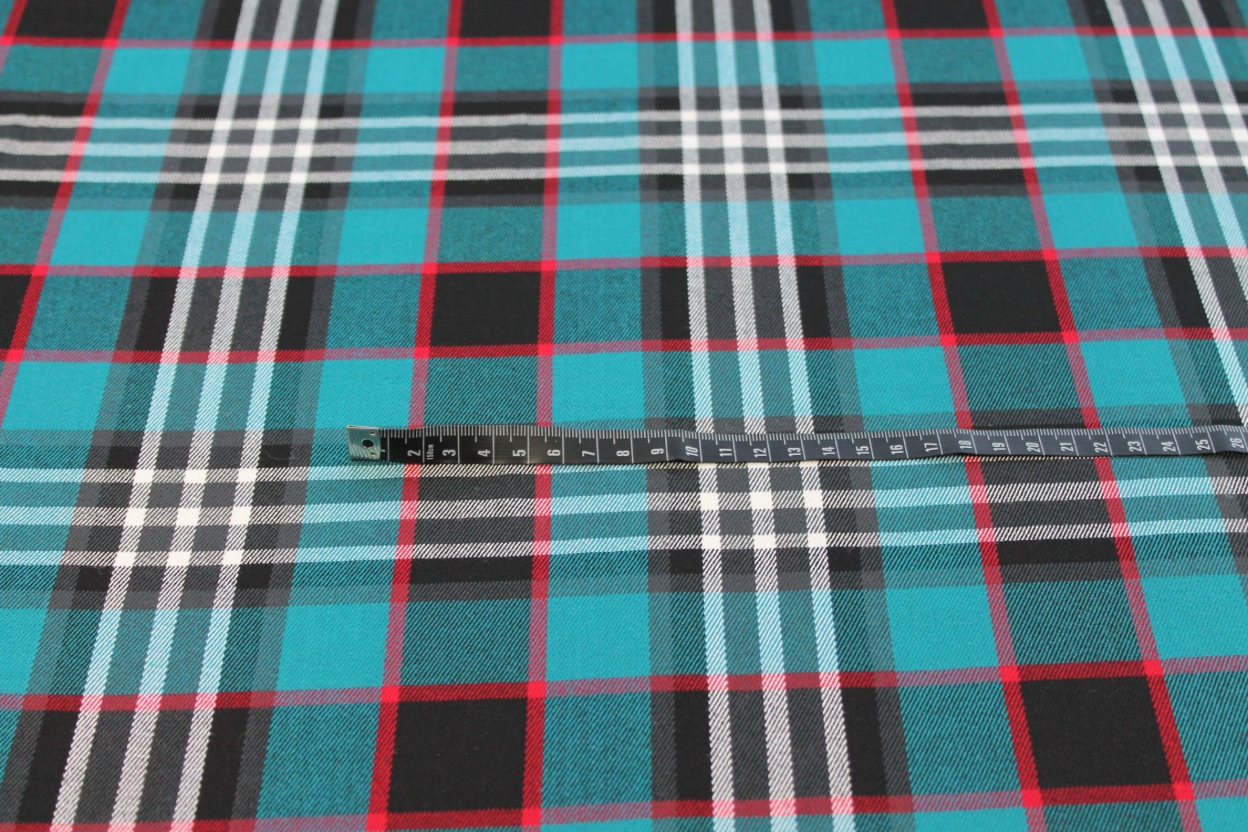 Stretch Tartan - Teal, Red, Black and White fabric, image 2 of 4