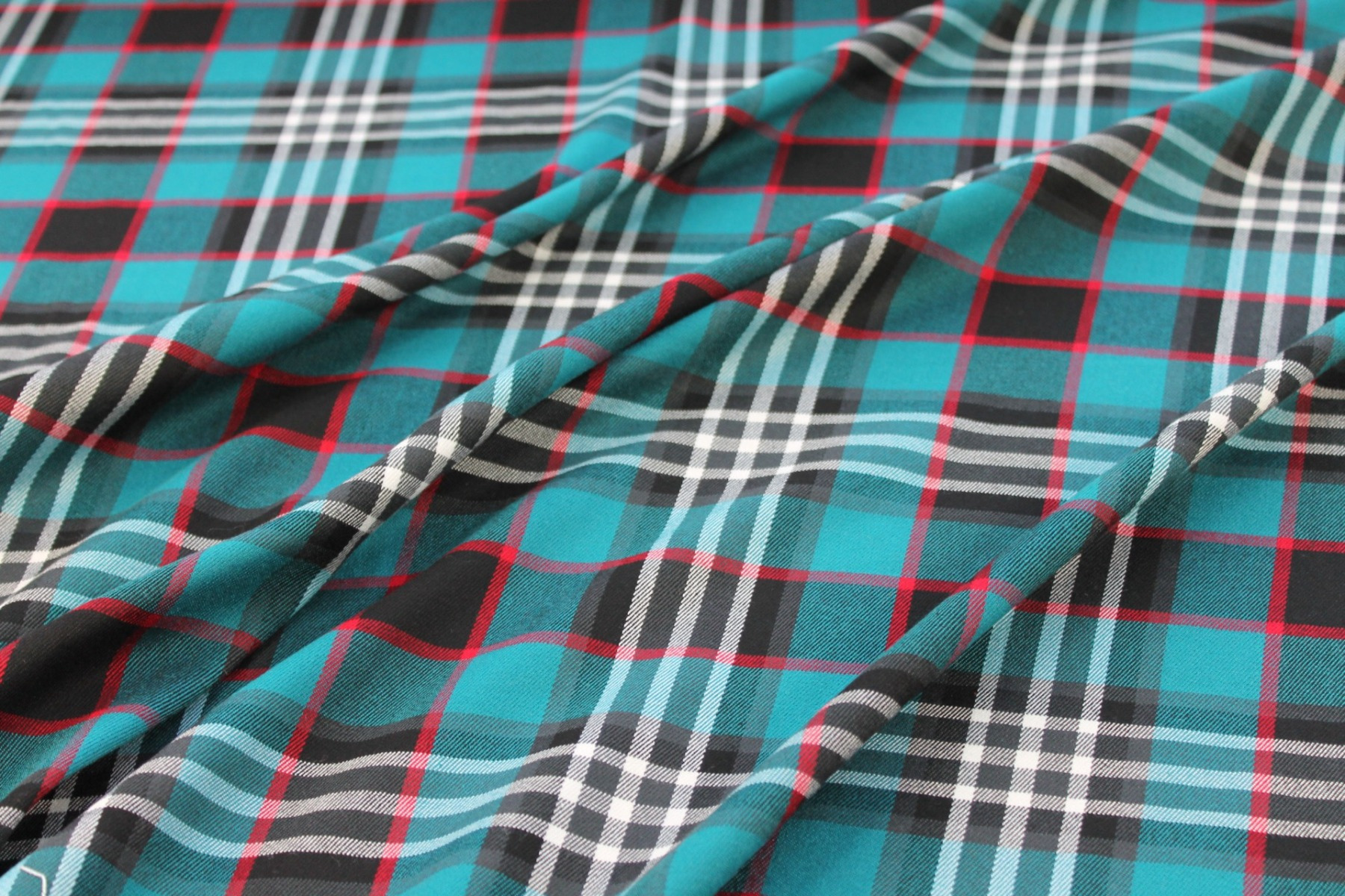 Stretch Tartan - Teal, Red, Black and White fabric, image 3 of 4