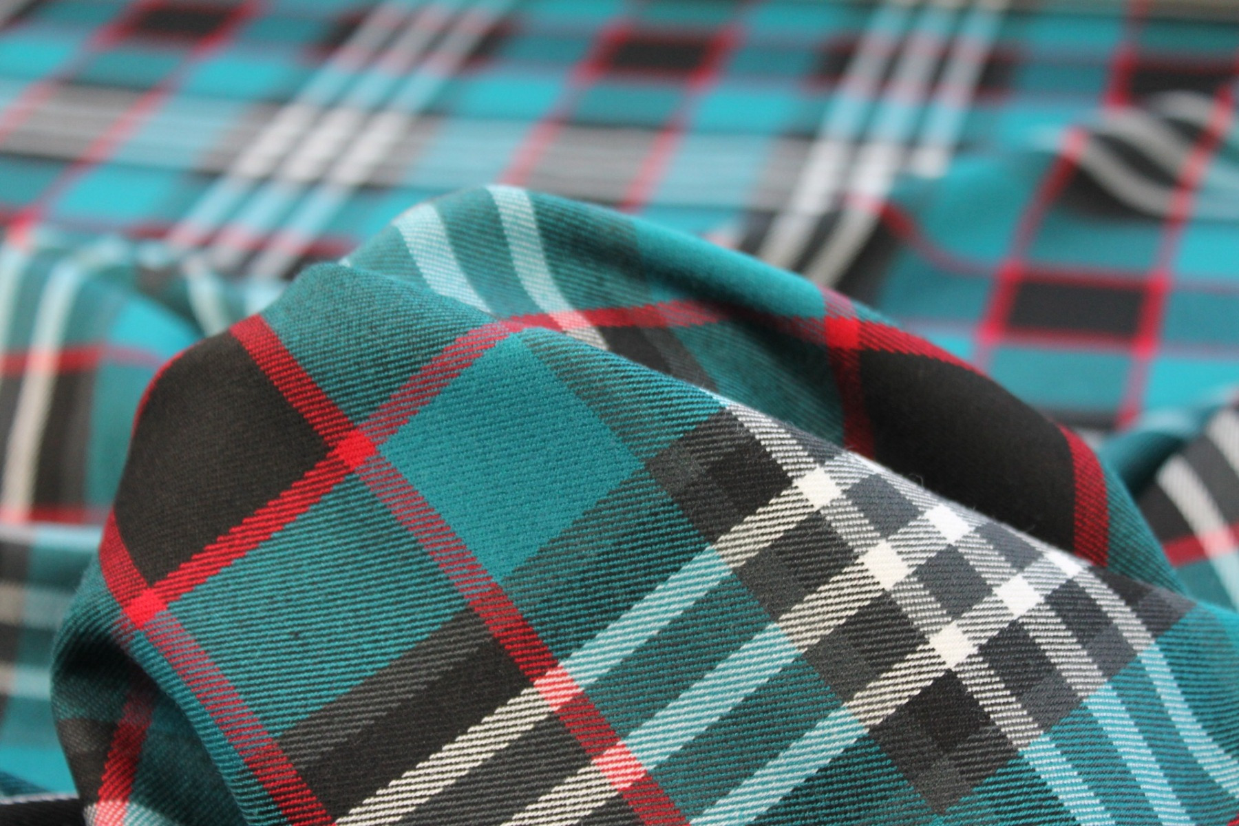 Stretch Tartan - Teal, Red, Black and White fabric, image 4 of 4