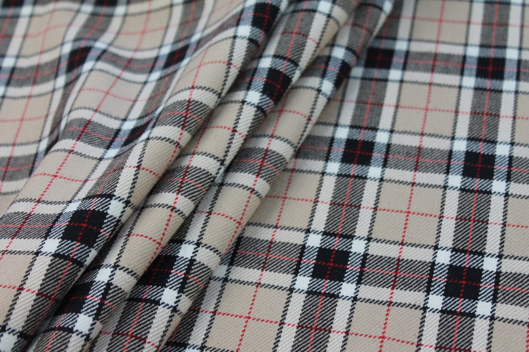 Wool Tartan - Black, Red and Ivory on Beige fabric