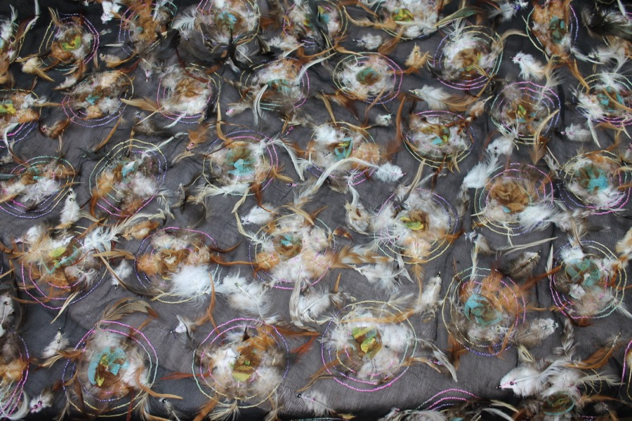 Brown Feathers in Circle Embroidery on Silk Chiffon fabric, image 2 of 8