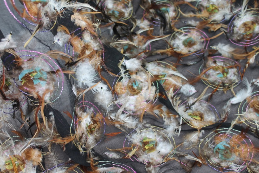 Brown Feathers in Circle Embroidery on Silk Chiffon fabric, image 5 of 8