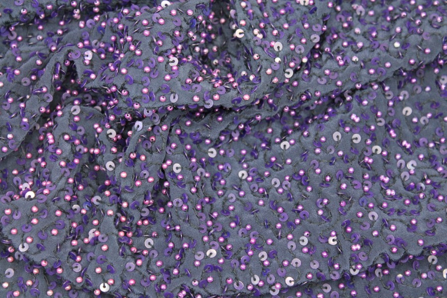 Purple Silk with Purple Pearls and Iridescent Purple Sequins fabric, image 5 of 7