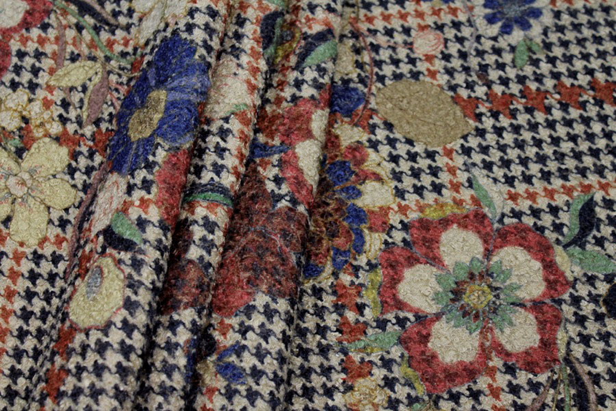 Floral Houndstooth Printed Loop-back Fleece - Camel fabric, image 2 of 8