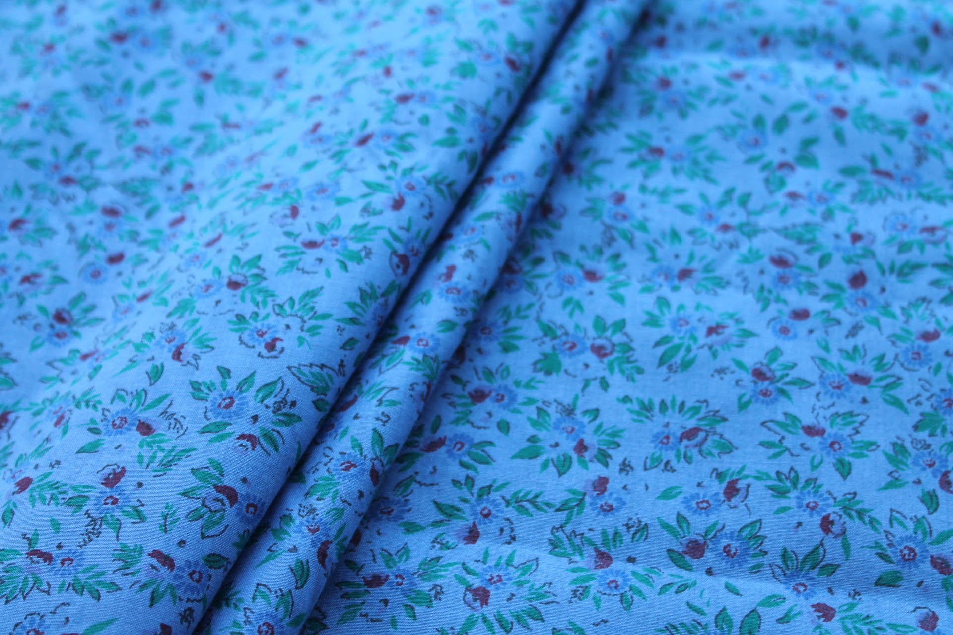 Vintage Printed Cotton - Green, Red and Blue on Mid Blue fabric