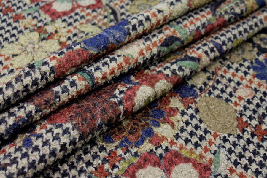 Floral Houndstooth Printed Loop-back Fleece - Camel fabric