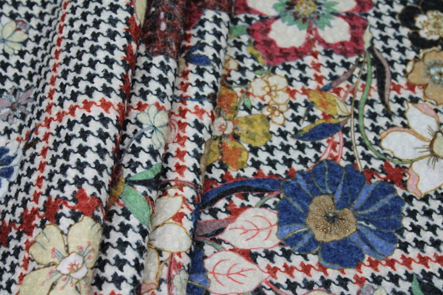 Floral Houndstooth Printed Loop-back Fleece - Ivory fabric, image 2 of 8