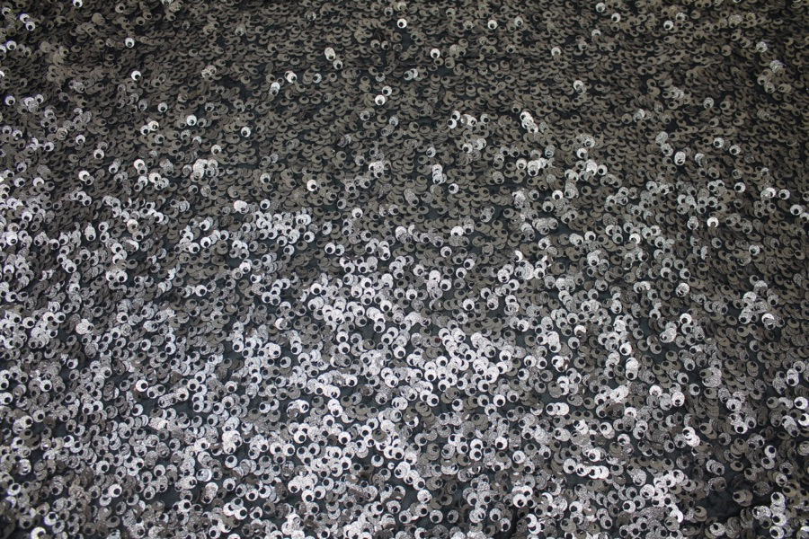 Textured Gold Donut Sequin On Black Silk Chiffon fabric, image 2 of 8