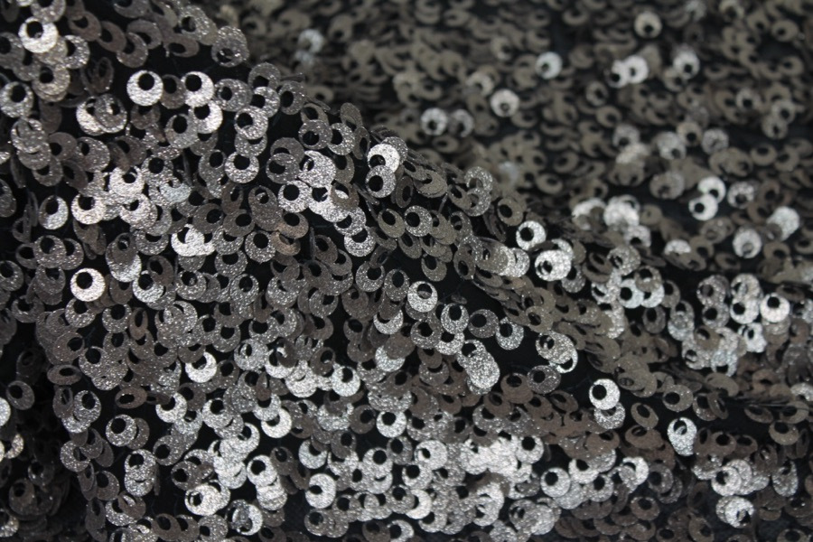 Textured Gold Donut Sequin On Black Silk Chiffon fabric, image 5 of 8