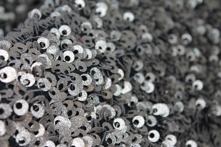 Textured Gold Donut Sequin On Black Silk Chiffon fabric, image 3 of 8