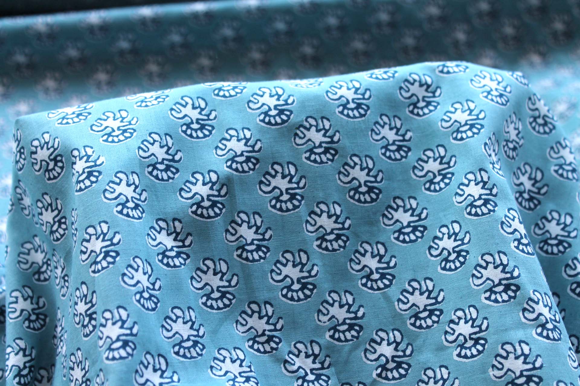 Printed Cotton Lawn - Off White and Dark Blue on Pale Blue fabric, image 5 of 5