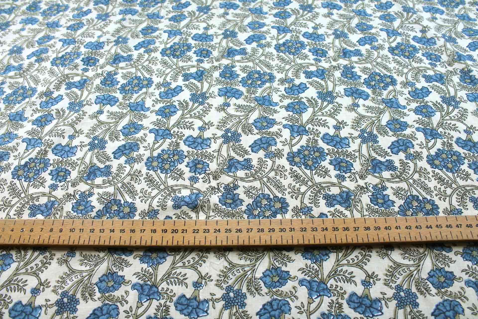 Printed Cotton Lawn - Blue and Khaki Floral on Pale Yellow fabric, image 2 of 5