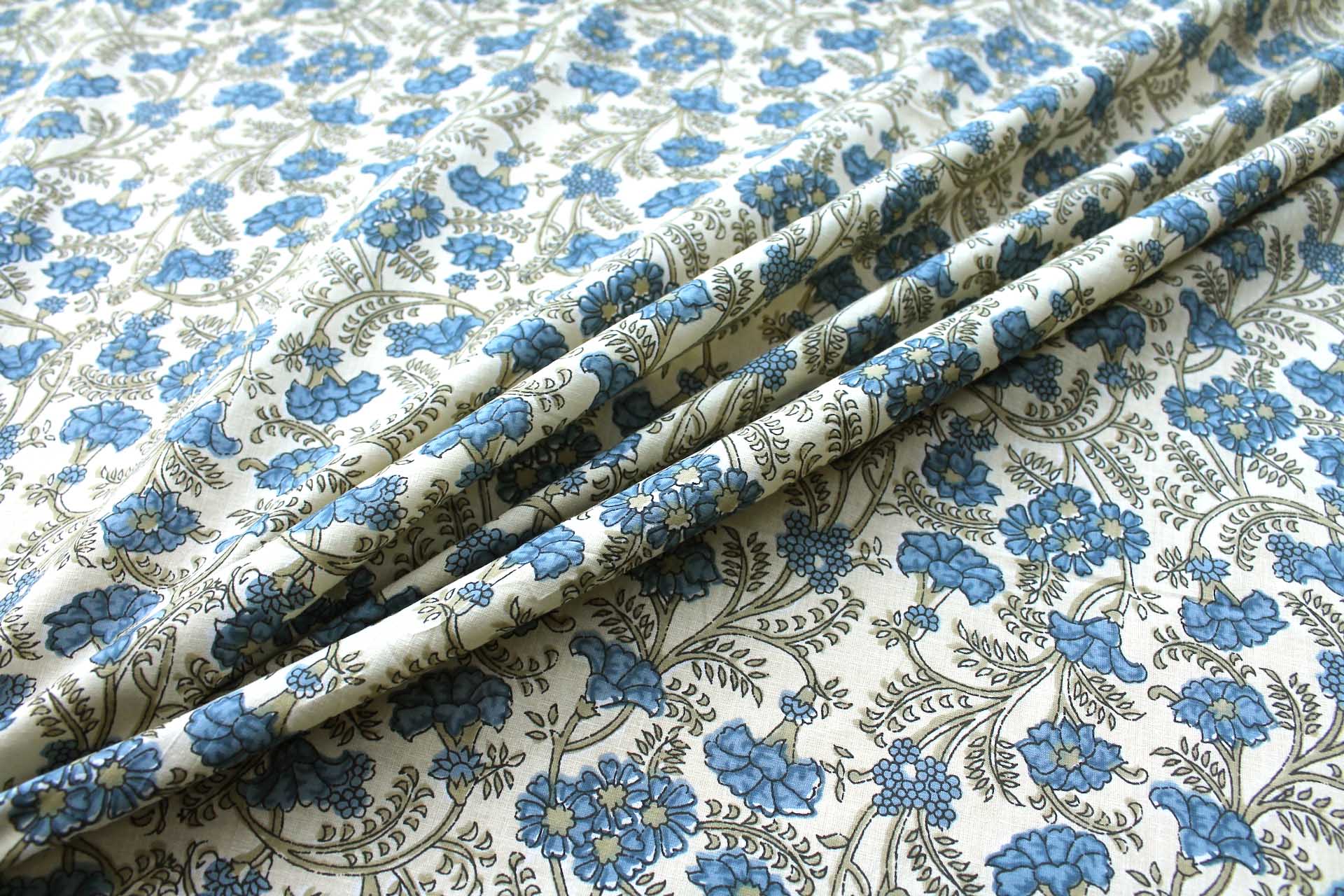 Printed Cotton Lawn - Blue and Khaki Floral on Pale Yellow fabric, image 3 of 5