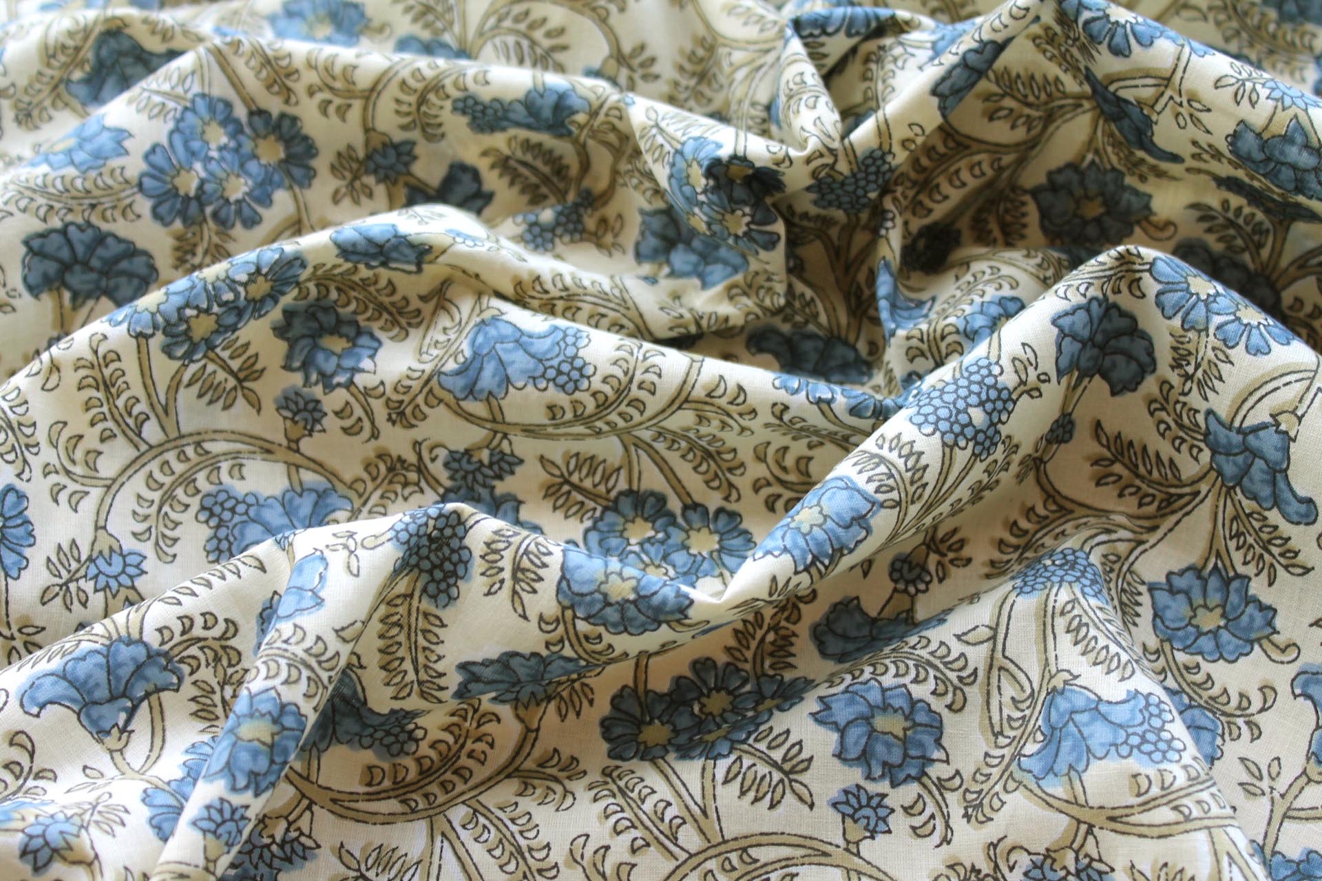 Printed Cotton Lawn - Blue and Khaki Floral on Pale Yellow fabric, image 4 of 5