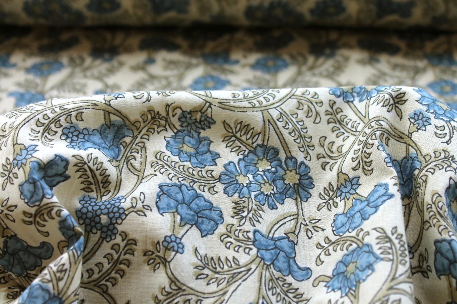 Printed Cotton Lawn - Blue and Khaki Floral on Pale Yellow fabric, image 5 of 5