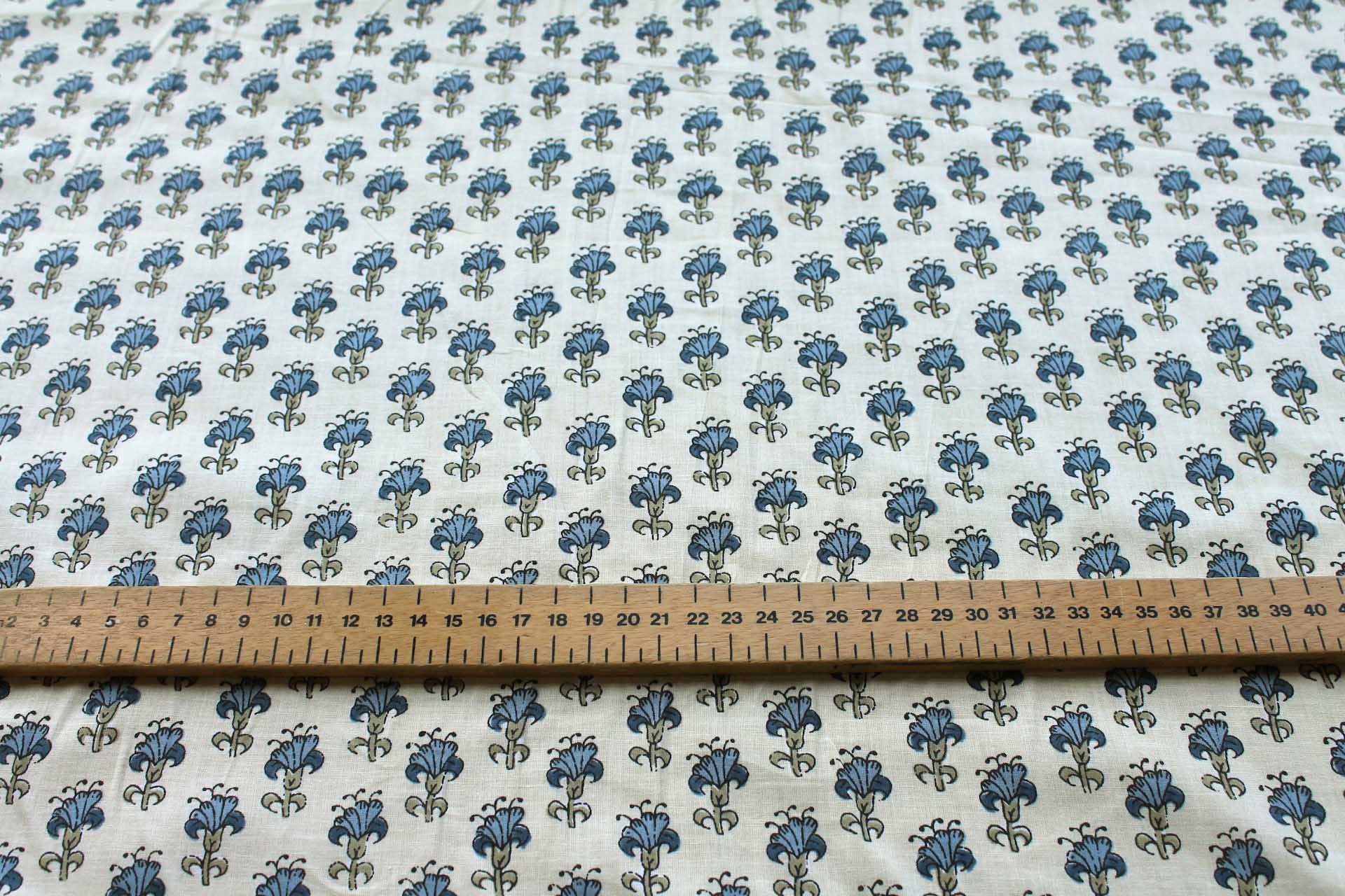 Printed Cotton Lawn - Blue and Khaki on Pale Yellow fabric, image 2 of 5
