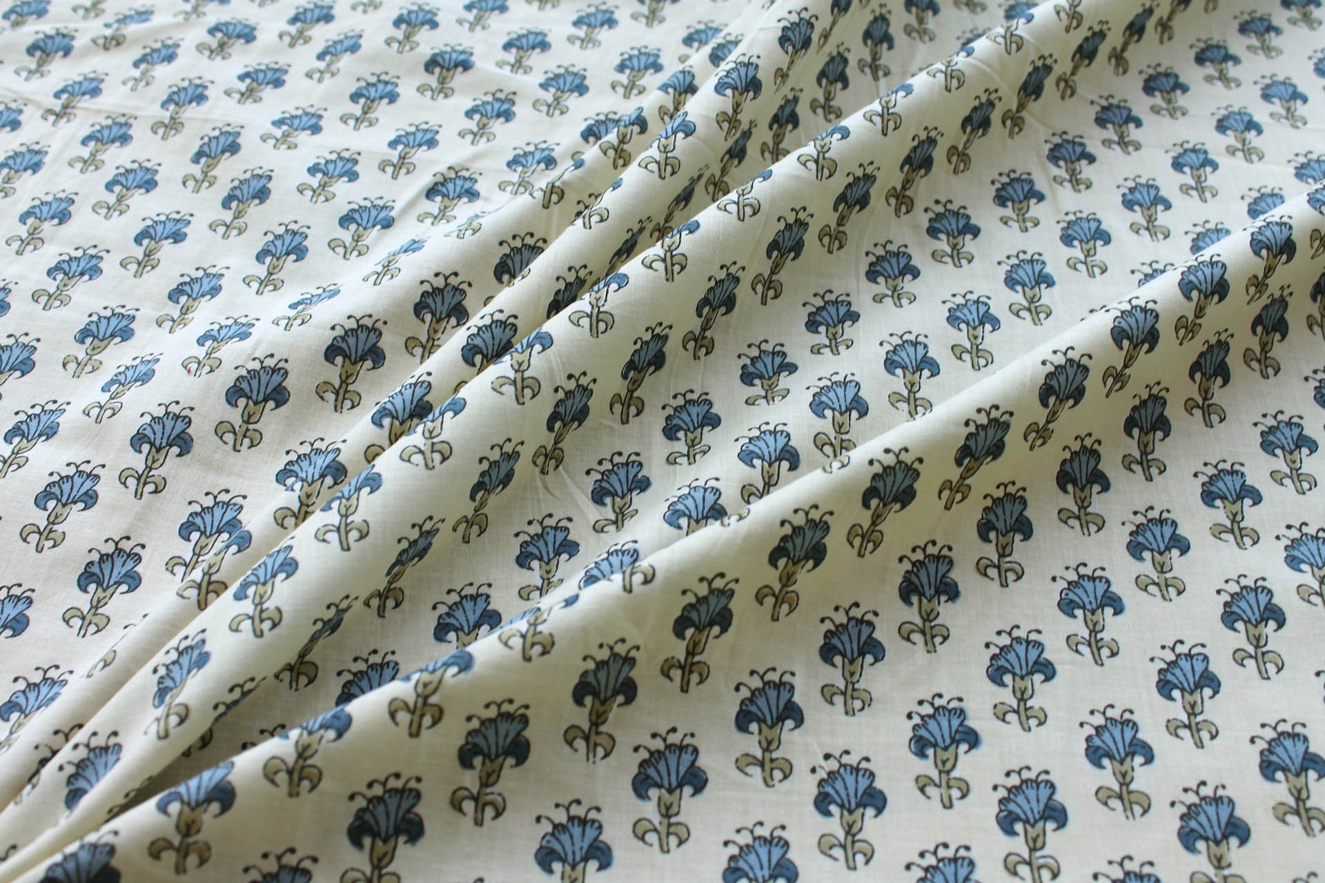 Printed Cotton Lawn - Blue and Khaki on Pale Yellow fabric, image 3 of 5