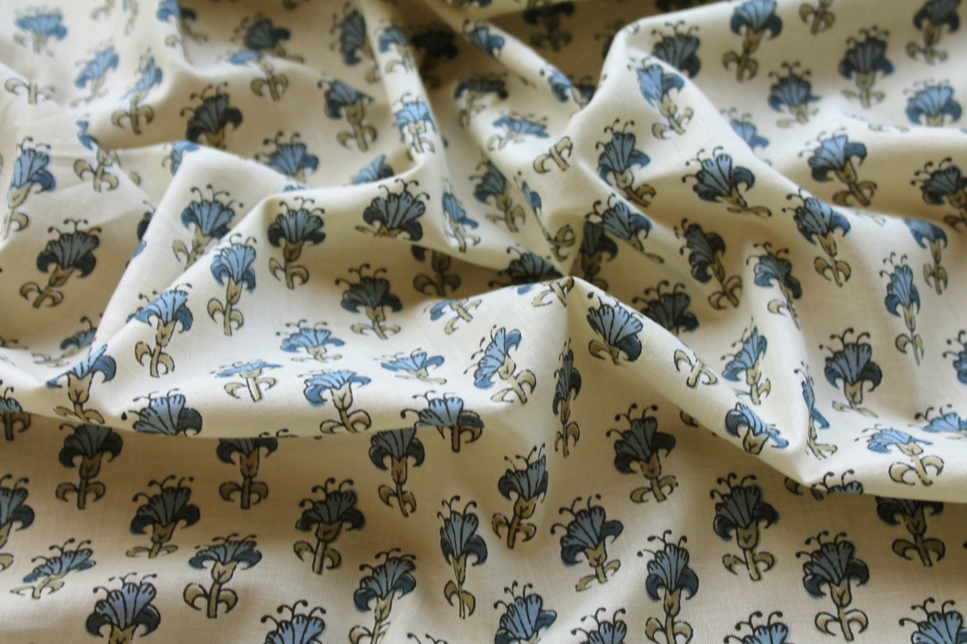 Printed Cotton Lawn - Blue and Khaki on Pale Yellow fabric, image 4 of 5