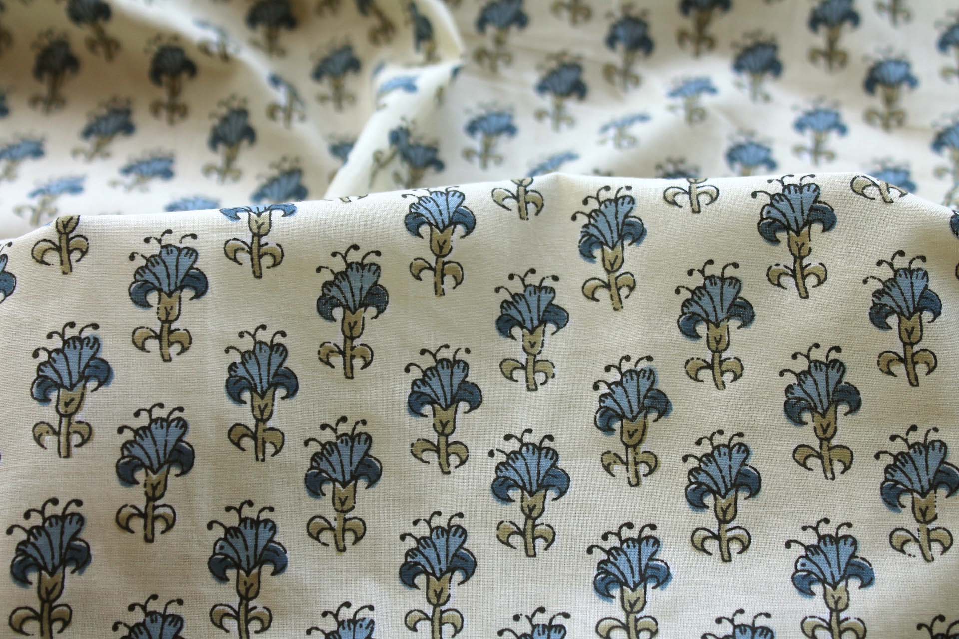 Printed Cotton Lawn - Blue and Khaki on Pale Yellow fabric, image 5 of 5