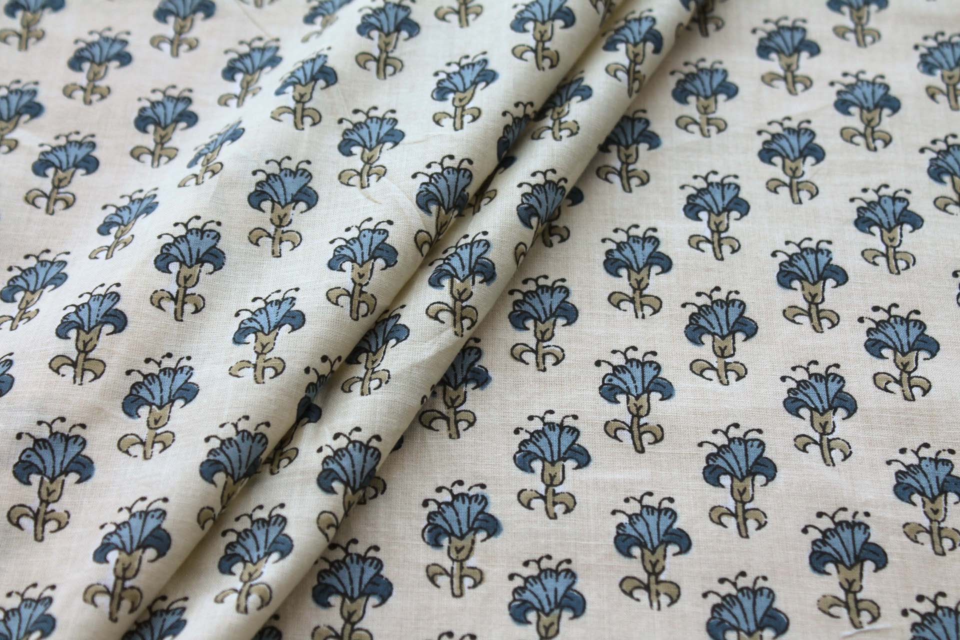 Printed Cotton Lawn - Blue and Khaki on Pale Yellow fabric