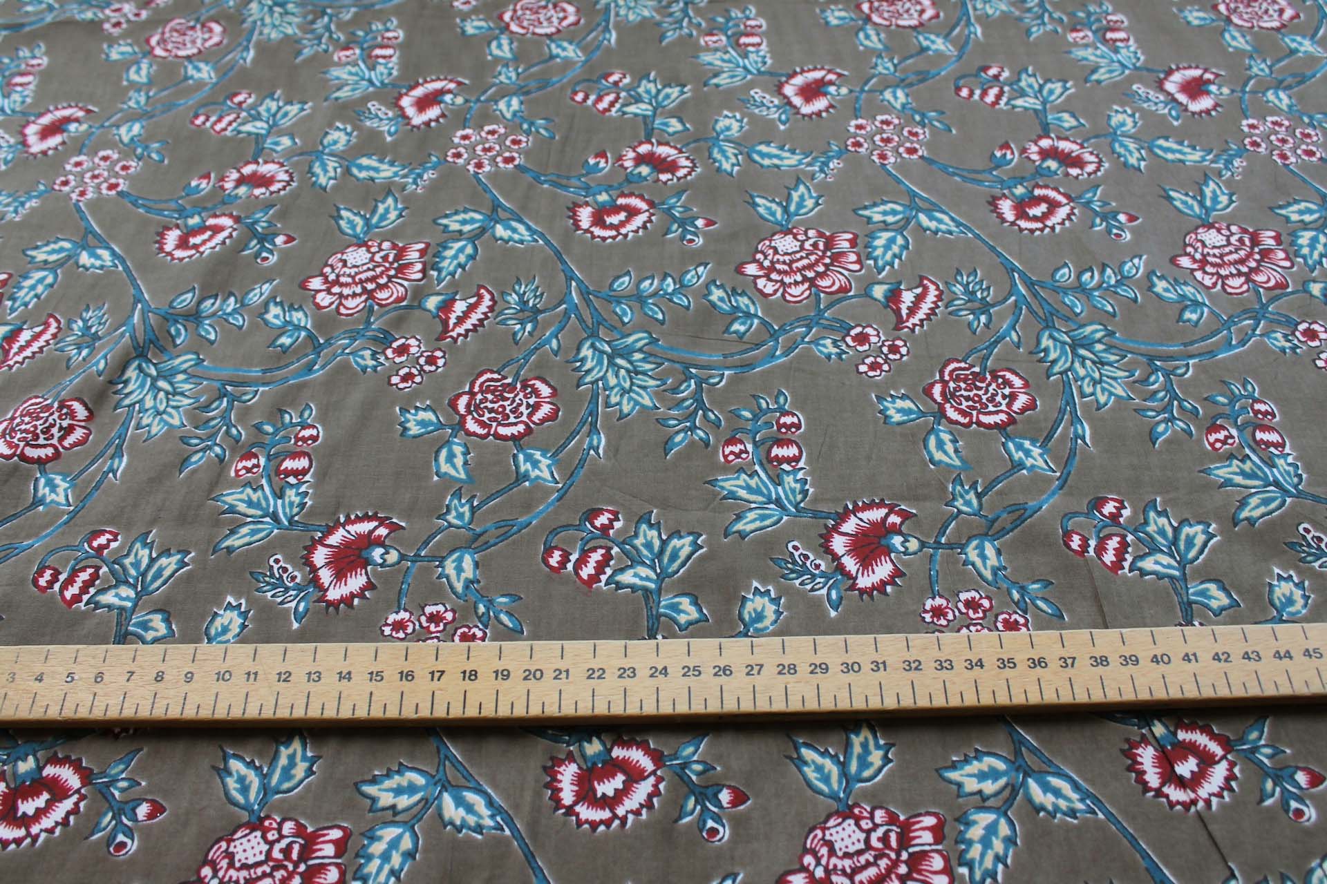 Printed Cotton Lawn - Dark Red and Blue Floral on Mushroom Brown fabric, image 2 of 5