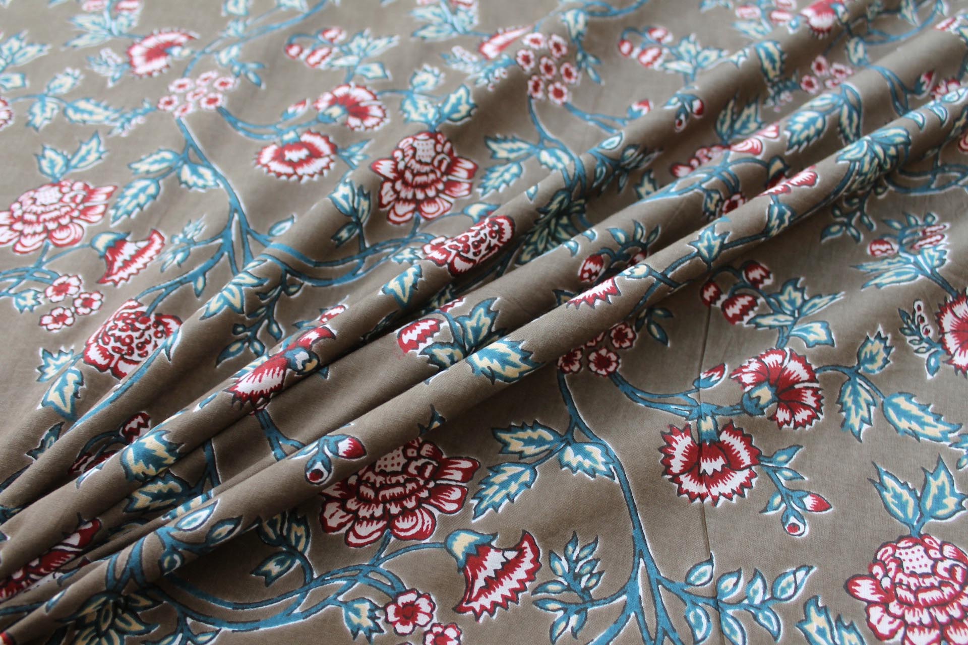 Printed Cotton Lawn - Dark Red and Blue Floral on Mushroom Brown fabric, image 3 of 5