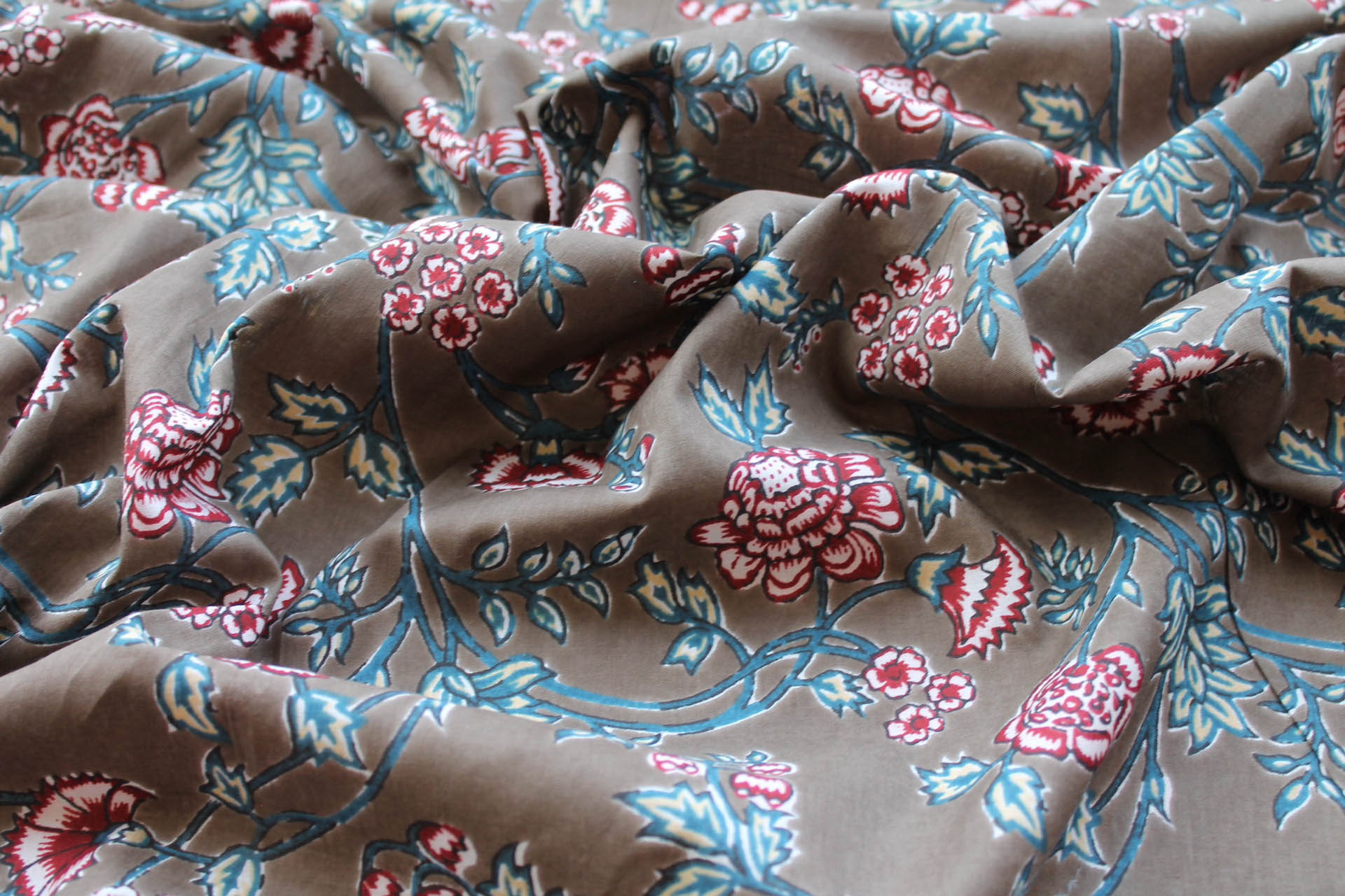 Printed Cotton Lawn - Dark Red and Blue Floral on Mushroom Brown fabric, image 4 of 5