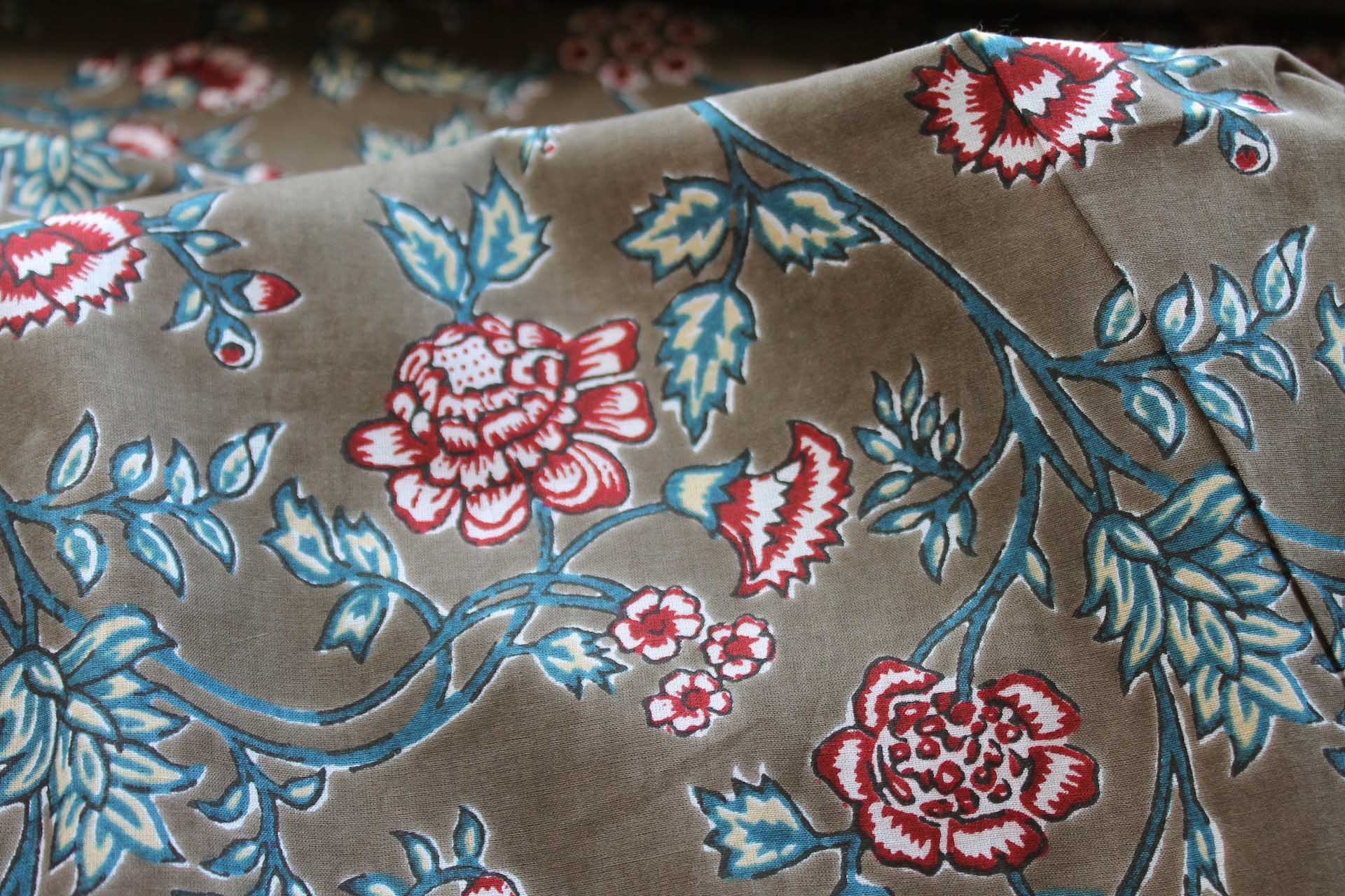 Printed Cotton Lawn - Dark Red and Blue Floral on Mushroom Brown fabric, image 5 of 5