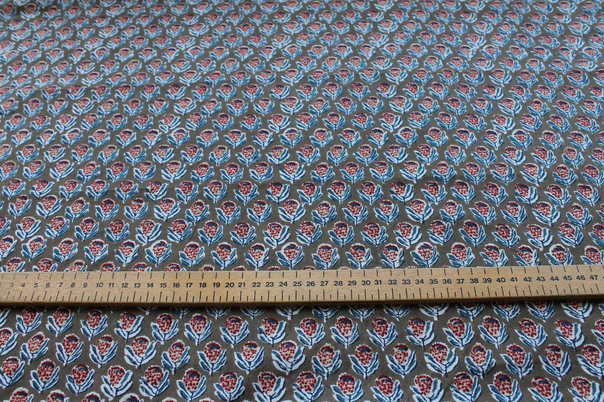 Printed Cotton Lawn - Dark Red, White and Blue on Mushroom Brown fabric, image 2 of 5