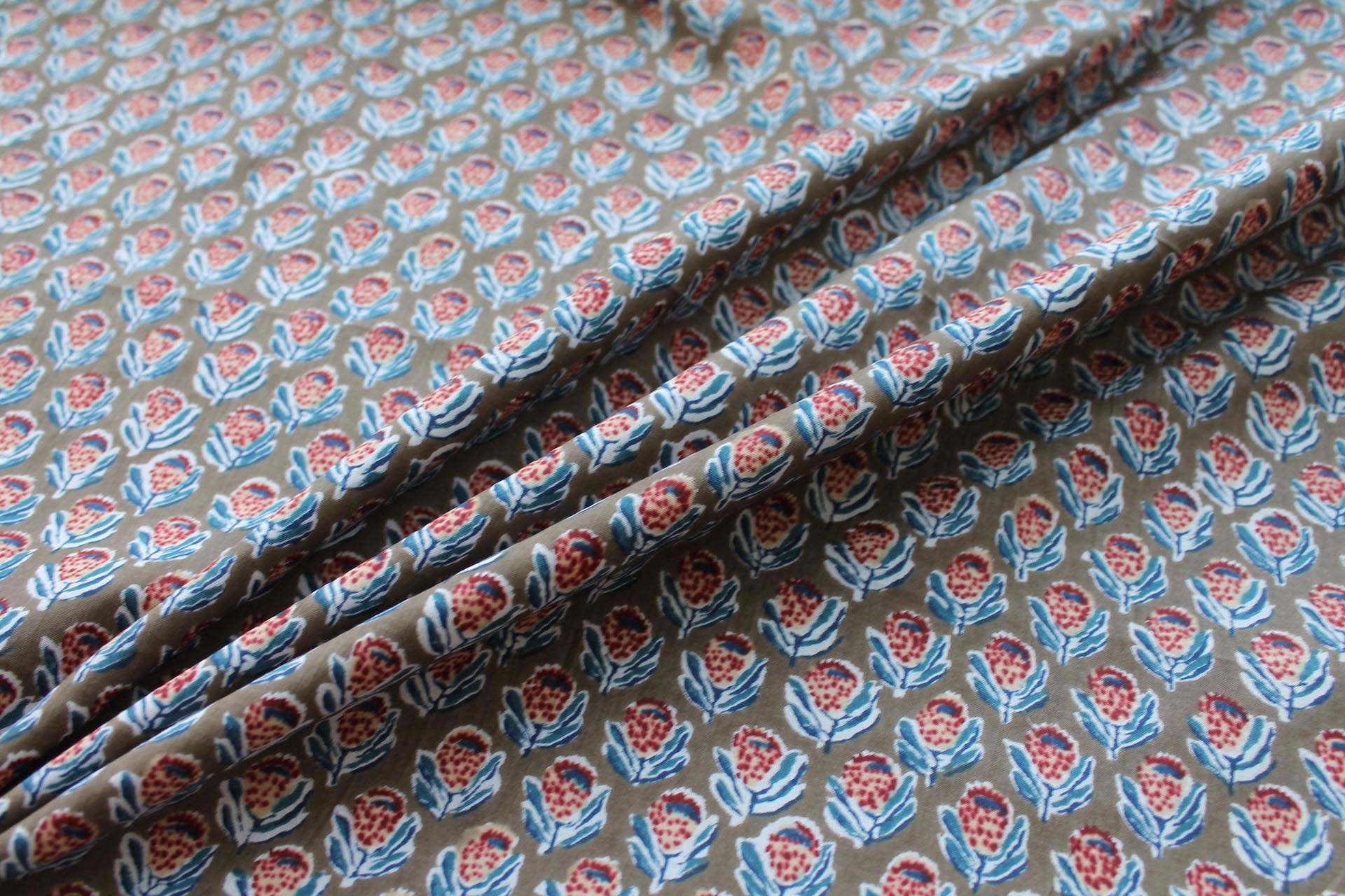 Printed Cotton Lawn - Dark Red, White and Blue on Mushroom Brown fabric, image 3 of 5