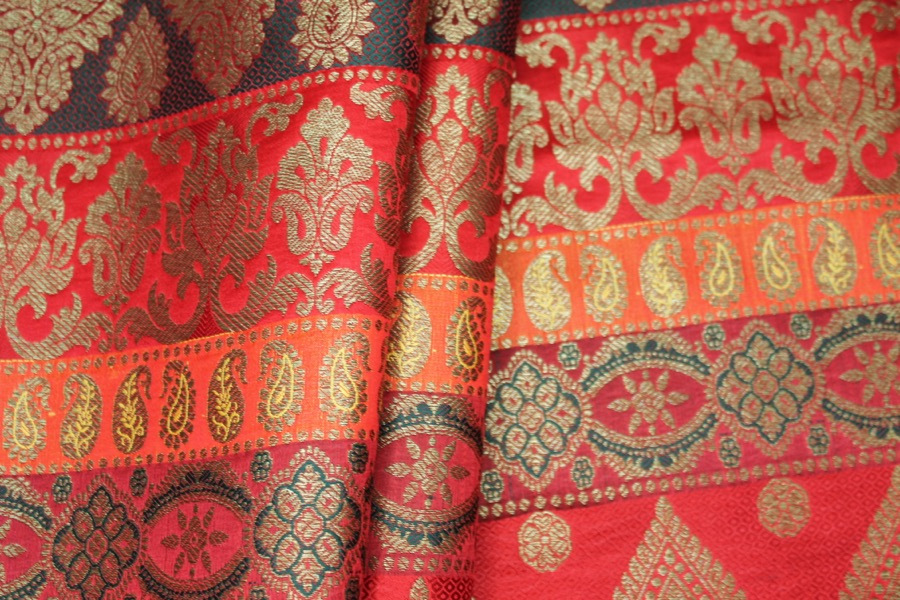 Banaras Brocade - Stripe Paisley in Reds, Pinks and Dark Green fabric, image 5 of 6