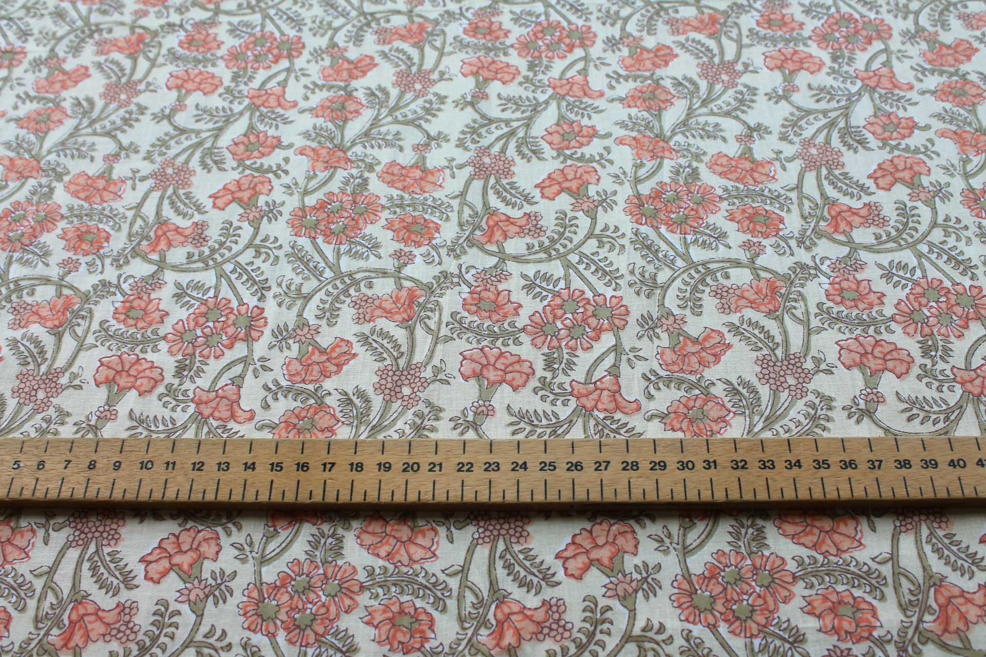 Printed Cotton Lawn - Orange and Khaki on Pale Yellow fabric, image 2 of 5