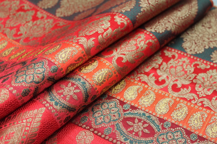 Banaras Brocade - Stripe Paisley in Reds, Pinks and Dark Green fabric