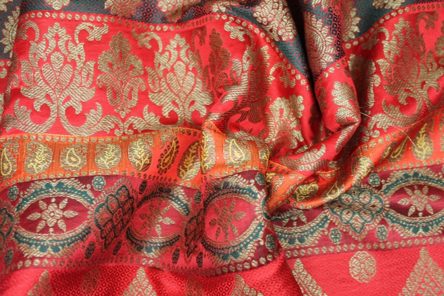 Banaras Brocade - Stripe Paisley in Reds, Pinks and Dark Green fabric, image 6 of 6