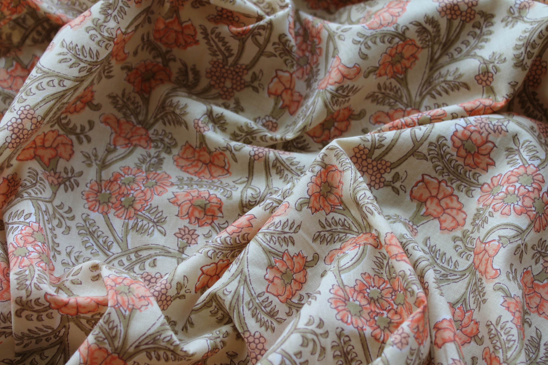 Printed Cotton Lawn - Orange and Khaki on Pale Yellow fabric, image 4 of 5