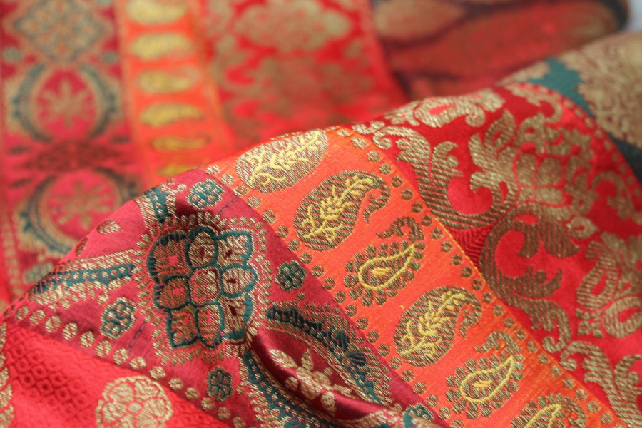 Banaras Brocade - Stripe Paisley in Reds, Pinks and Dark Green fabric, image 2 of 6