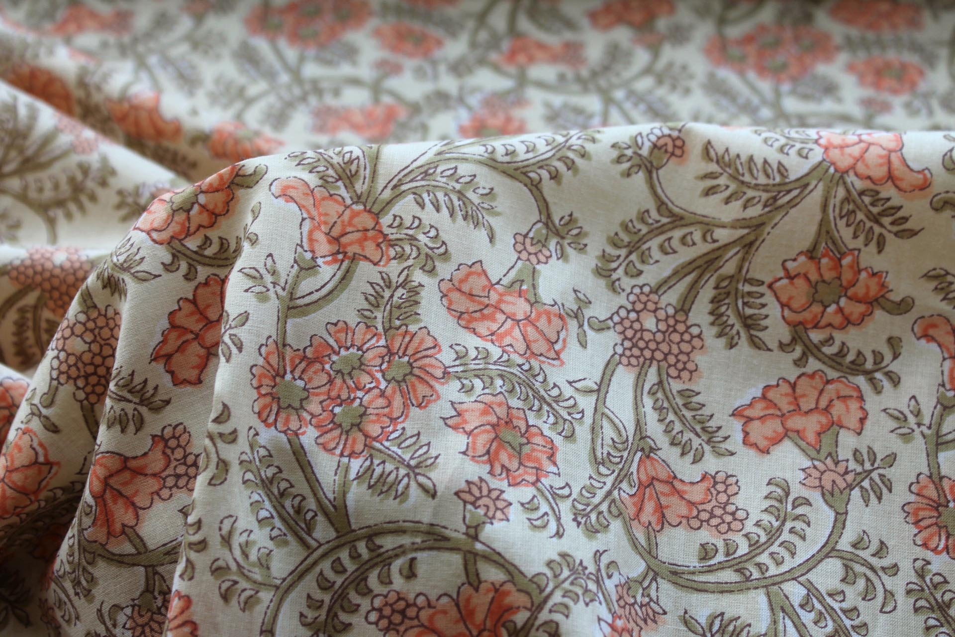 Printed Cotton Lawn - Orange and Khaki on Pale Yellow fabric, image 5 of 5