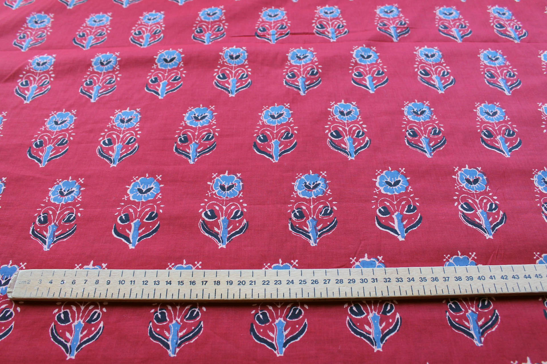 Printed Cotton Lawn - Blue, Navy and Beige on Dark Red fabric, image 2 of 5