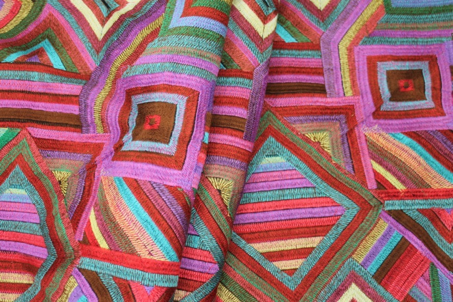 Geometric Multi Colour Embroidered Dupion fabric, image 2 of 6