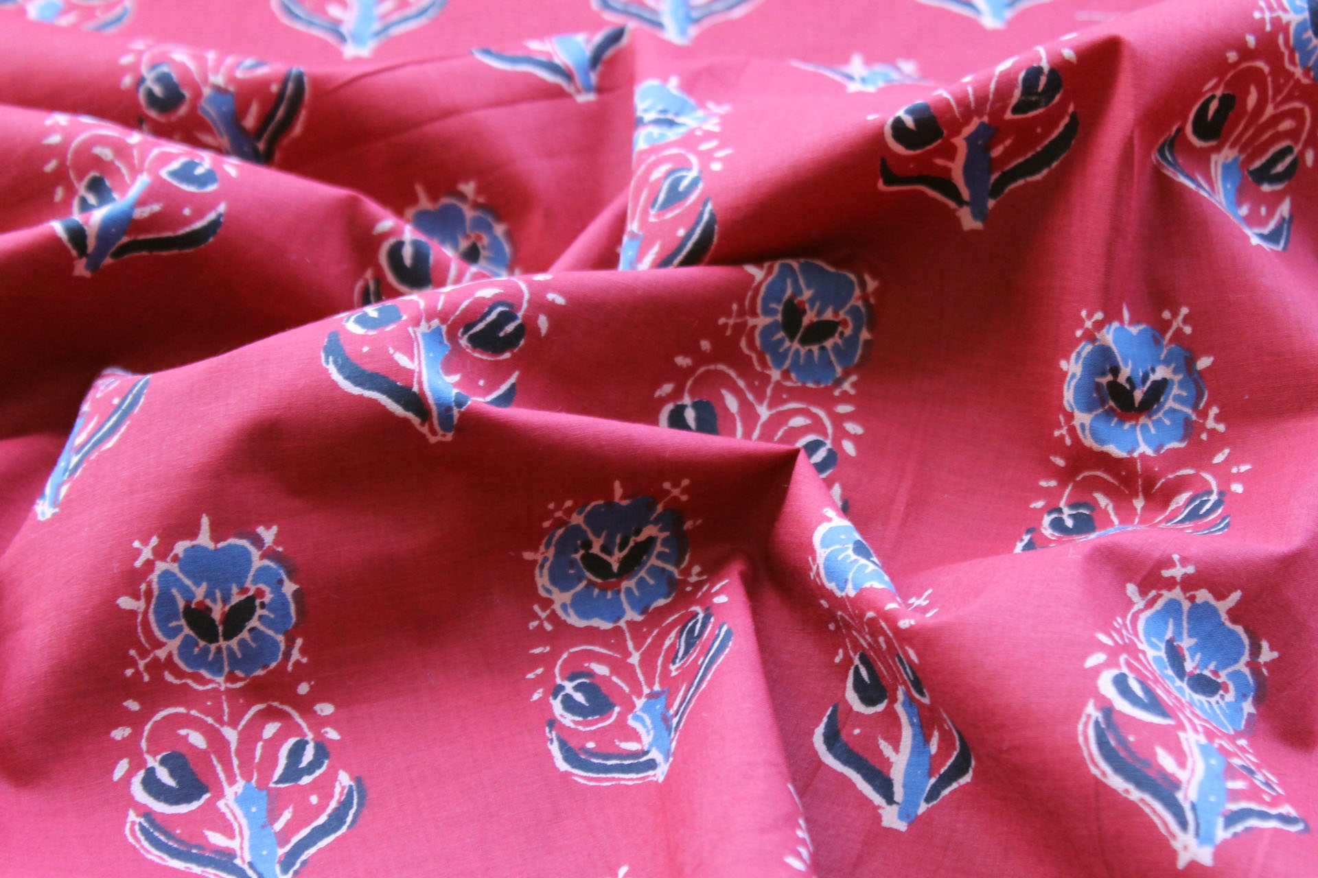 Printed Cotton Lawn - Blue, Navy and Beige on Dark Red fabric, image 4 of 5