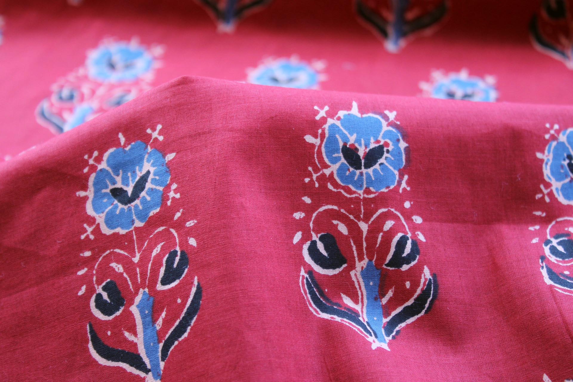 Printed Cotton Lawn - Blue, Navy and Beige on Dark Red fabric, image 5 of 5