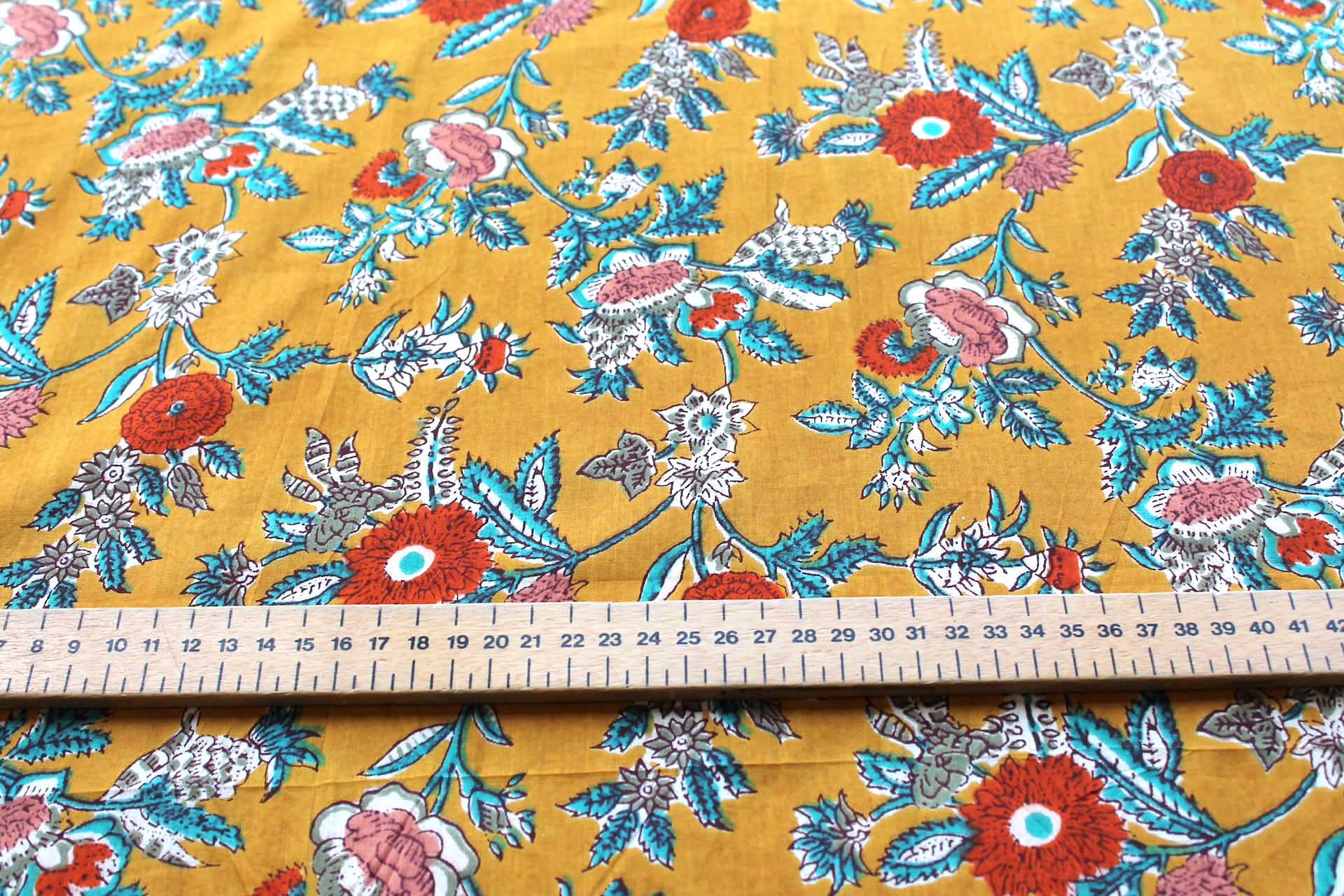 Printed Cotton Lawn - Orange, Khaki, Teal and Off White Floral on Saffron Yellow fabric, image 2 of 5