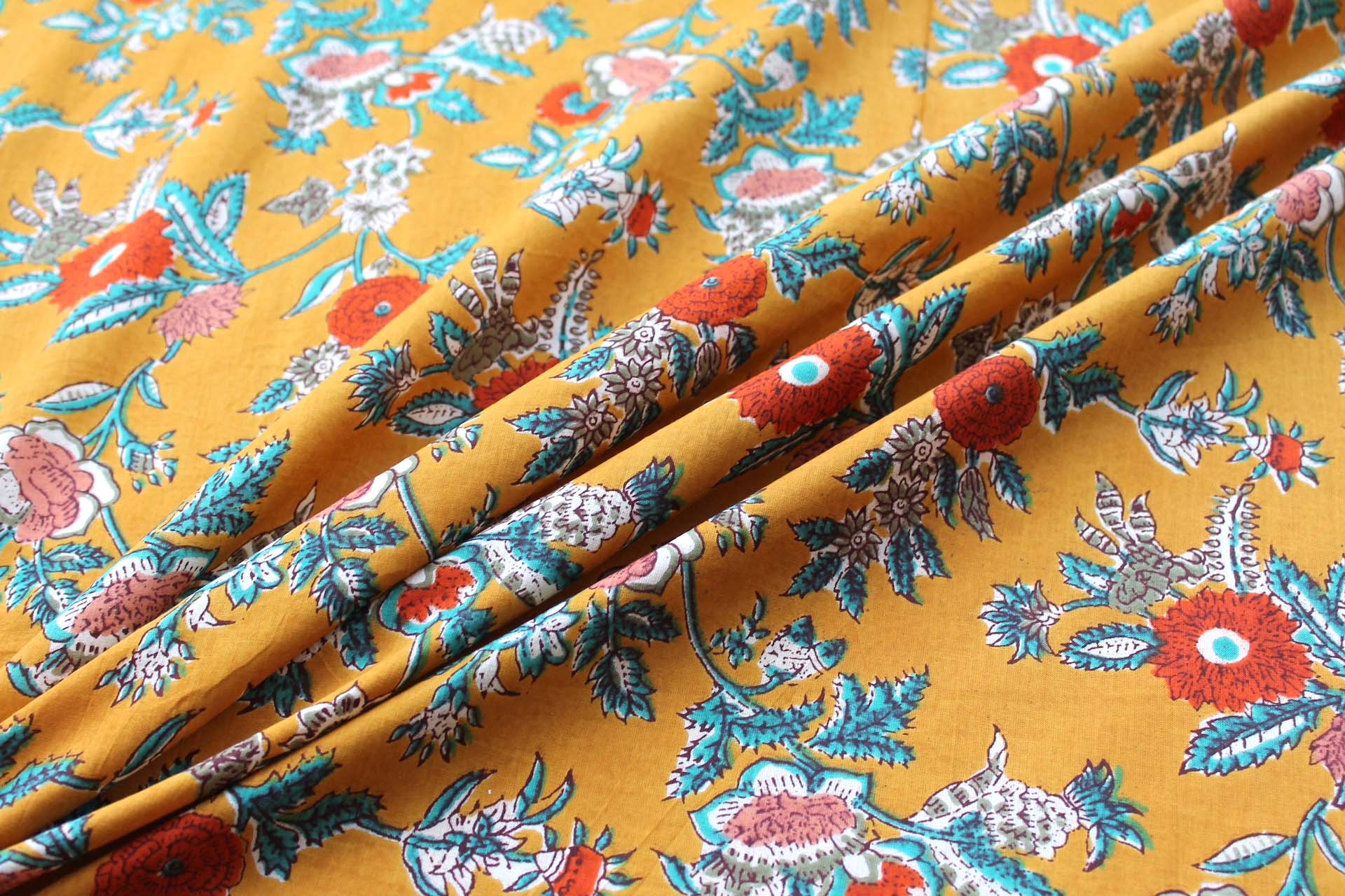 Printed Cotton Lawn - Orange, Khaki, Teal and Off White Floral on Saffron Yellow fabric, image 3 of 5
