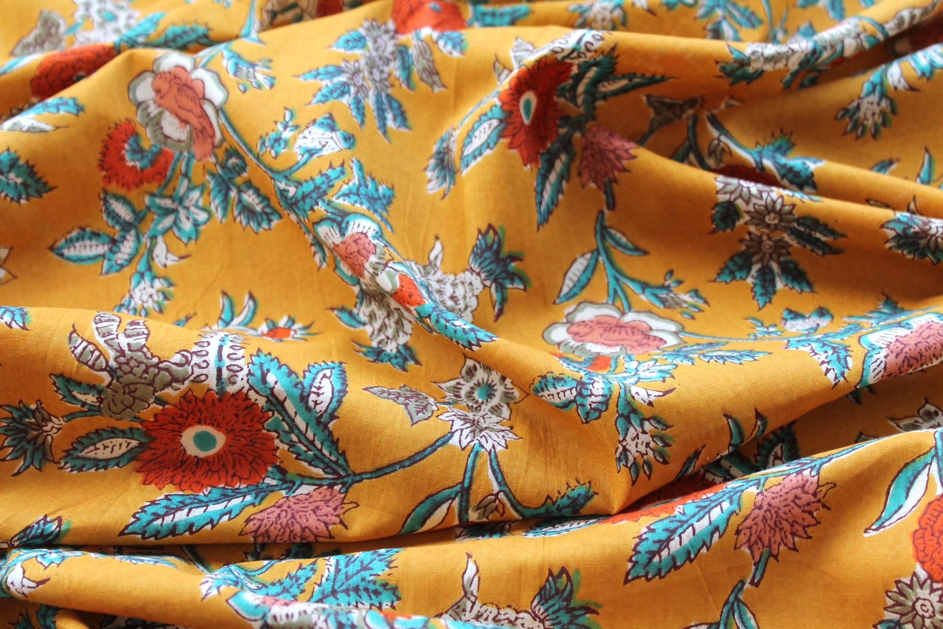 Printed Cotton Lawn - Orange, Khaki, Teal and Off White Floral on Saffron Yellow fabric, image 4 of 5