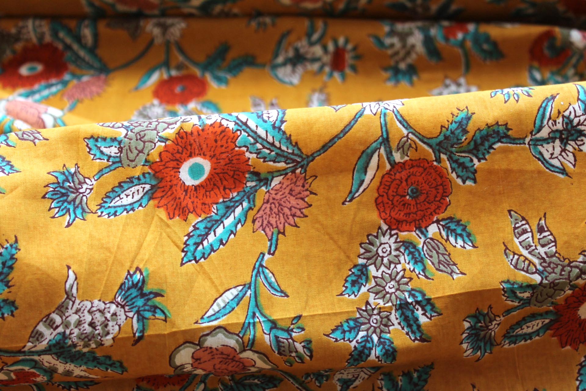 Printed Cotton Lawn - Orange, Khaki, Teal and Off White Floral on Saffron Yellow fabric, image 5 of 5