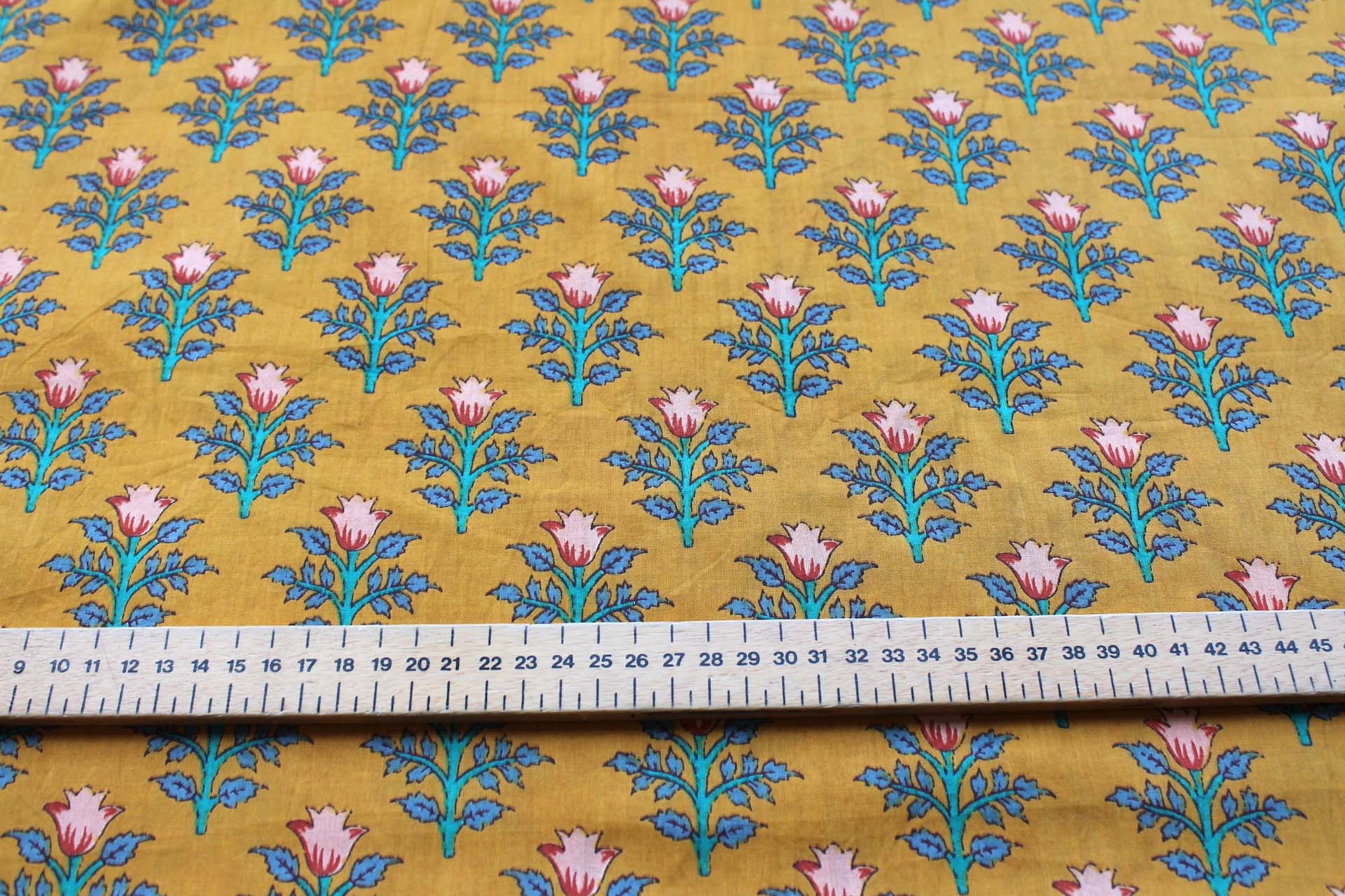 Printed Cotton Lawn - Red, Pink, Teal and Blue Floral on Saffron Yellow fabric, image 2 of 5